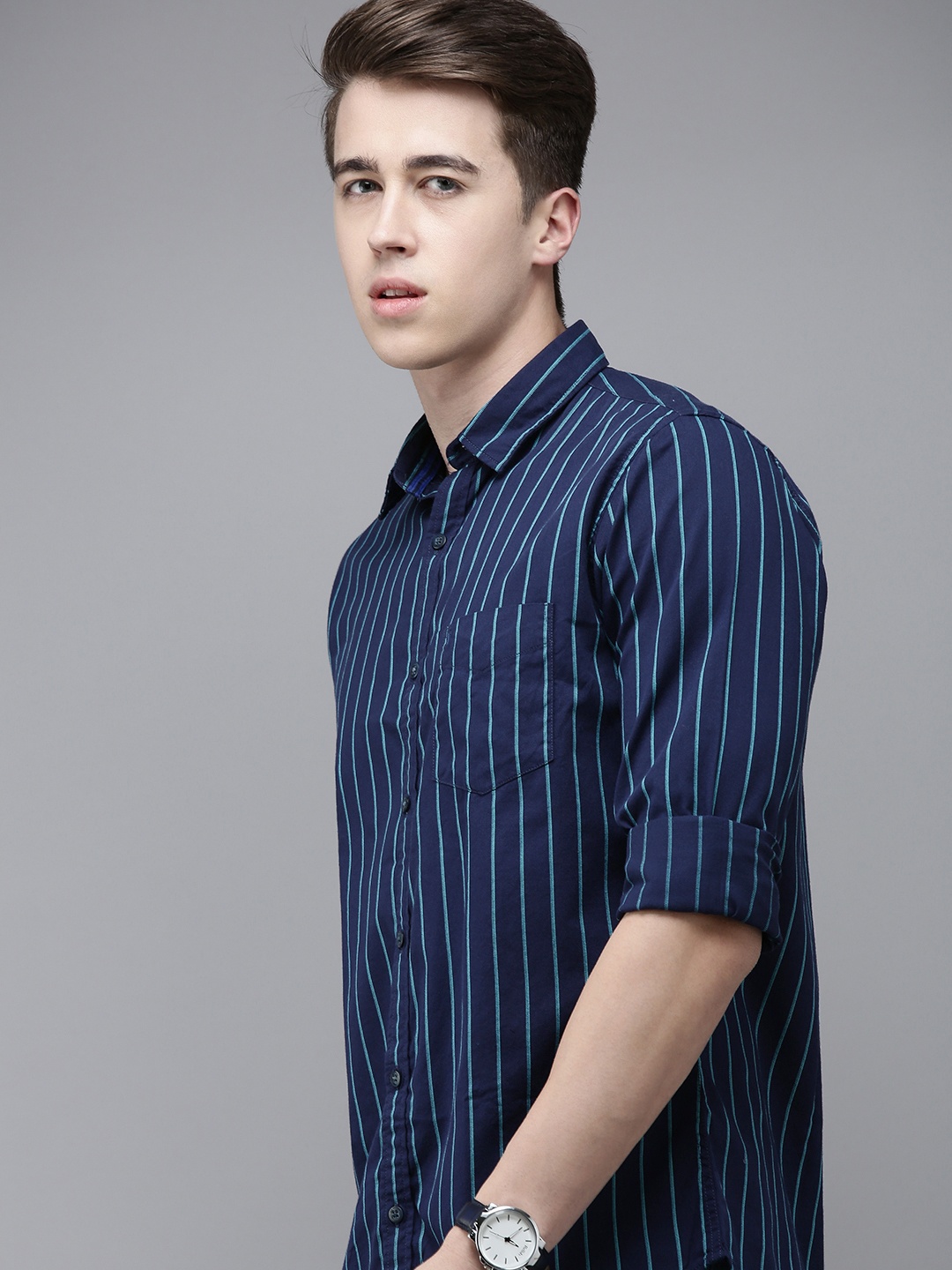 

VAN HEUSEN DENIM LABS Slim Fit Pure Cotton Striped Casual Shirt, Navy blue