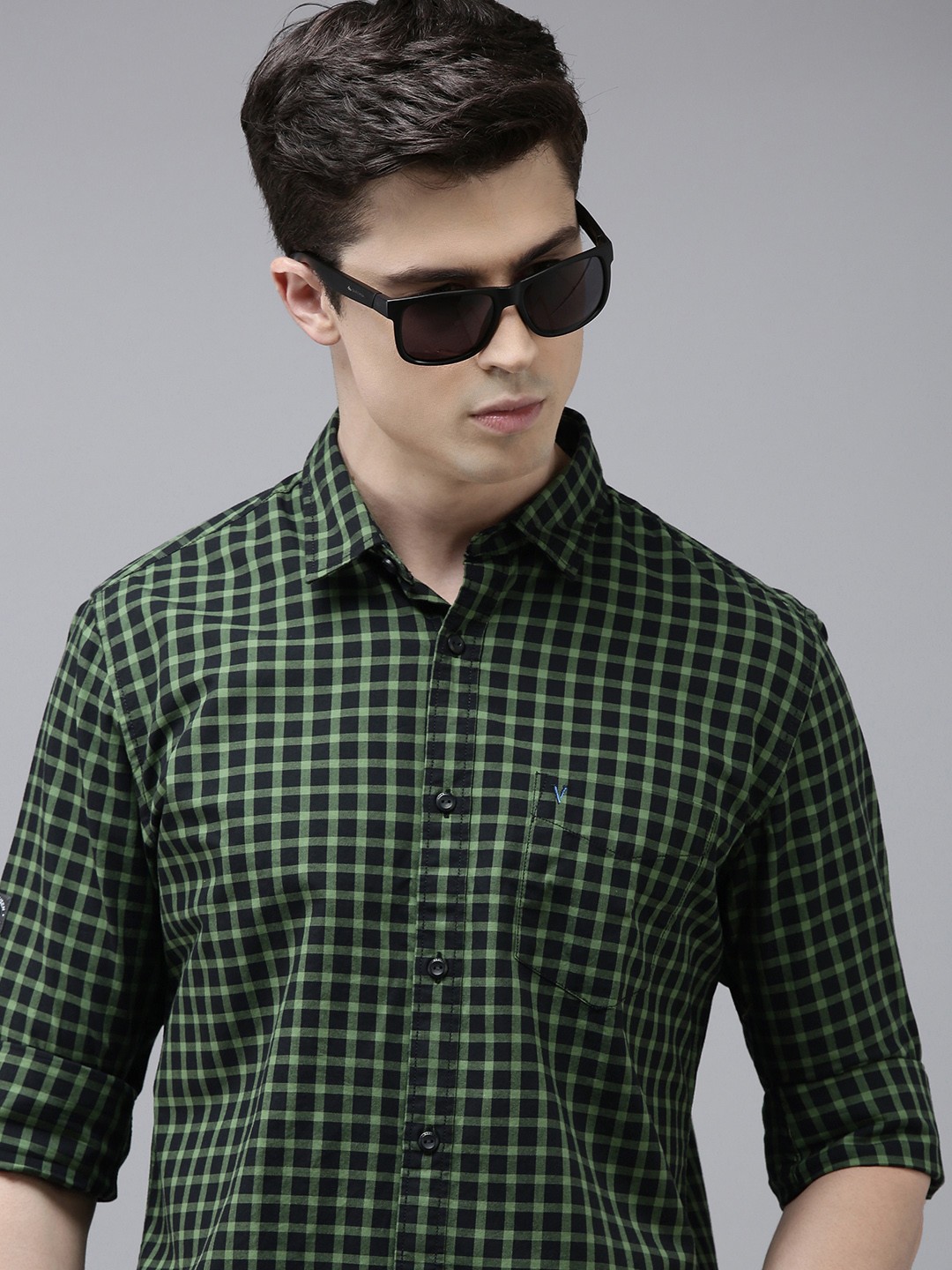 

VAN HEUSEN DENIM LABS Slim Fit Pure Cotton Checked Casual Shirt, Green