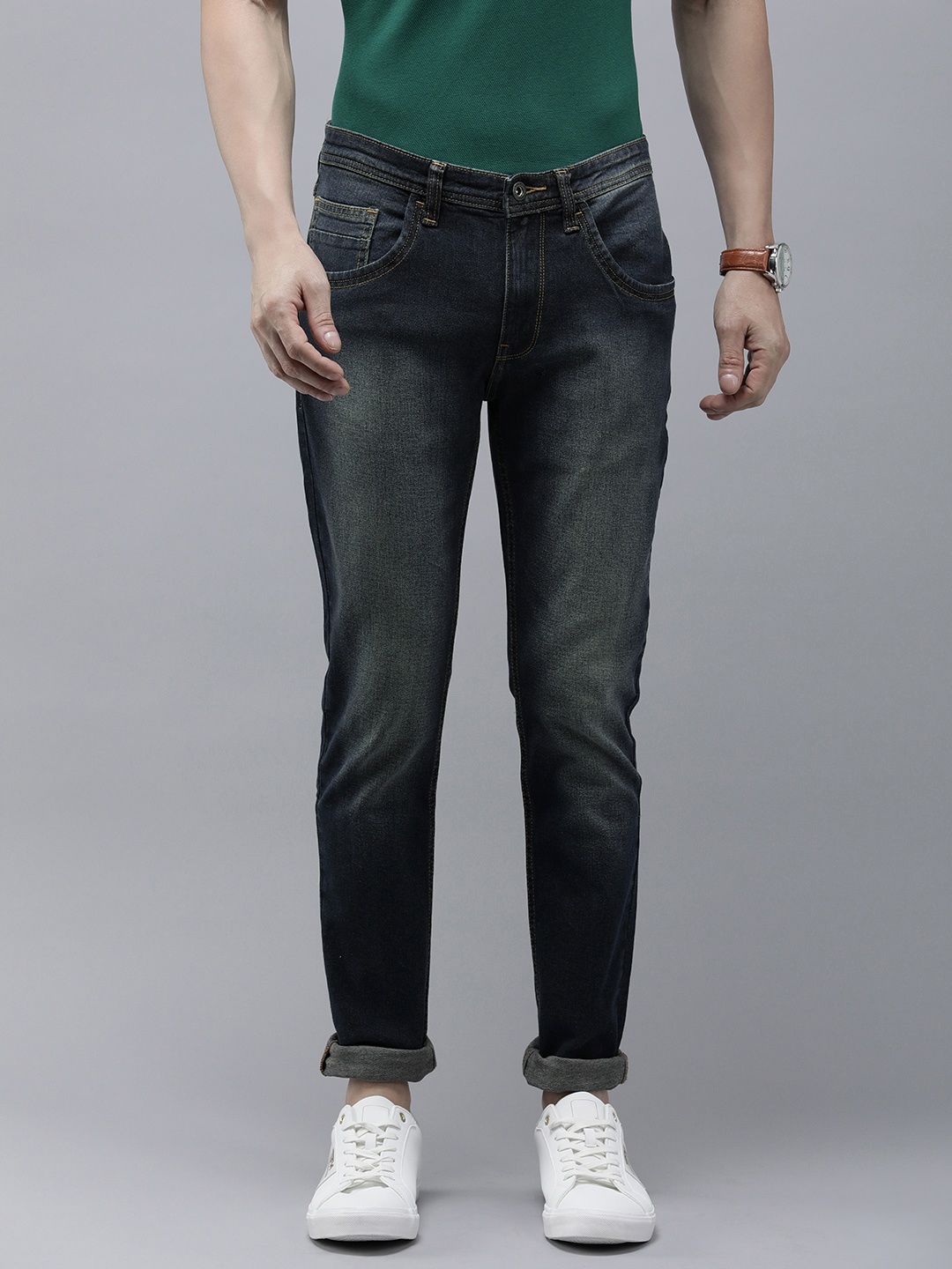 

VAN HEUSEN DENIM LABS Men Super Skinny Fit Heavy Fade Stretchable Jeans, Navy blue