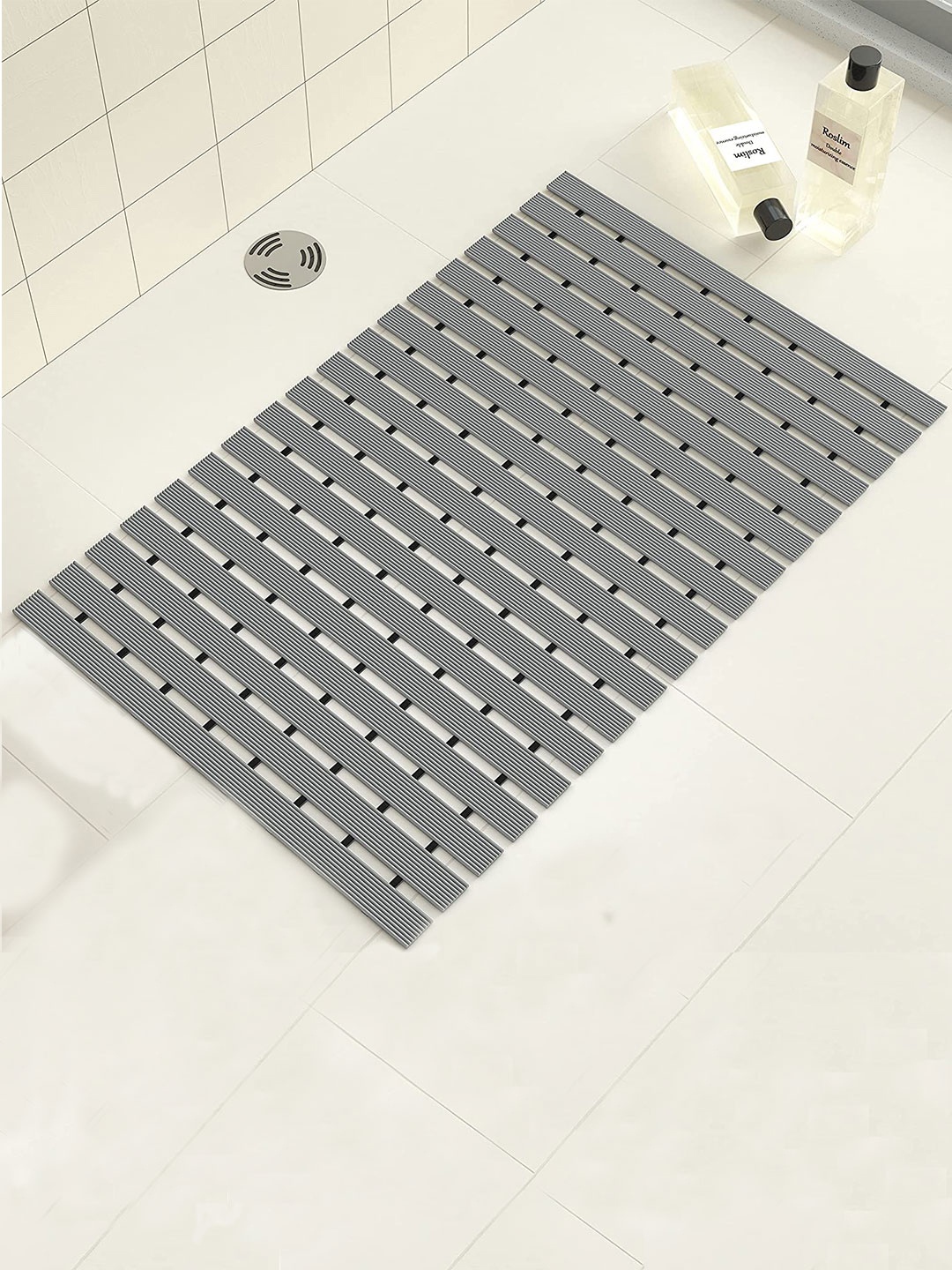 

LUXEHOME INTERNATIONAL Grey Textured Design Rubber Backing Anti-Slip Bath Rug