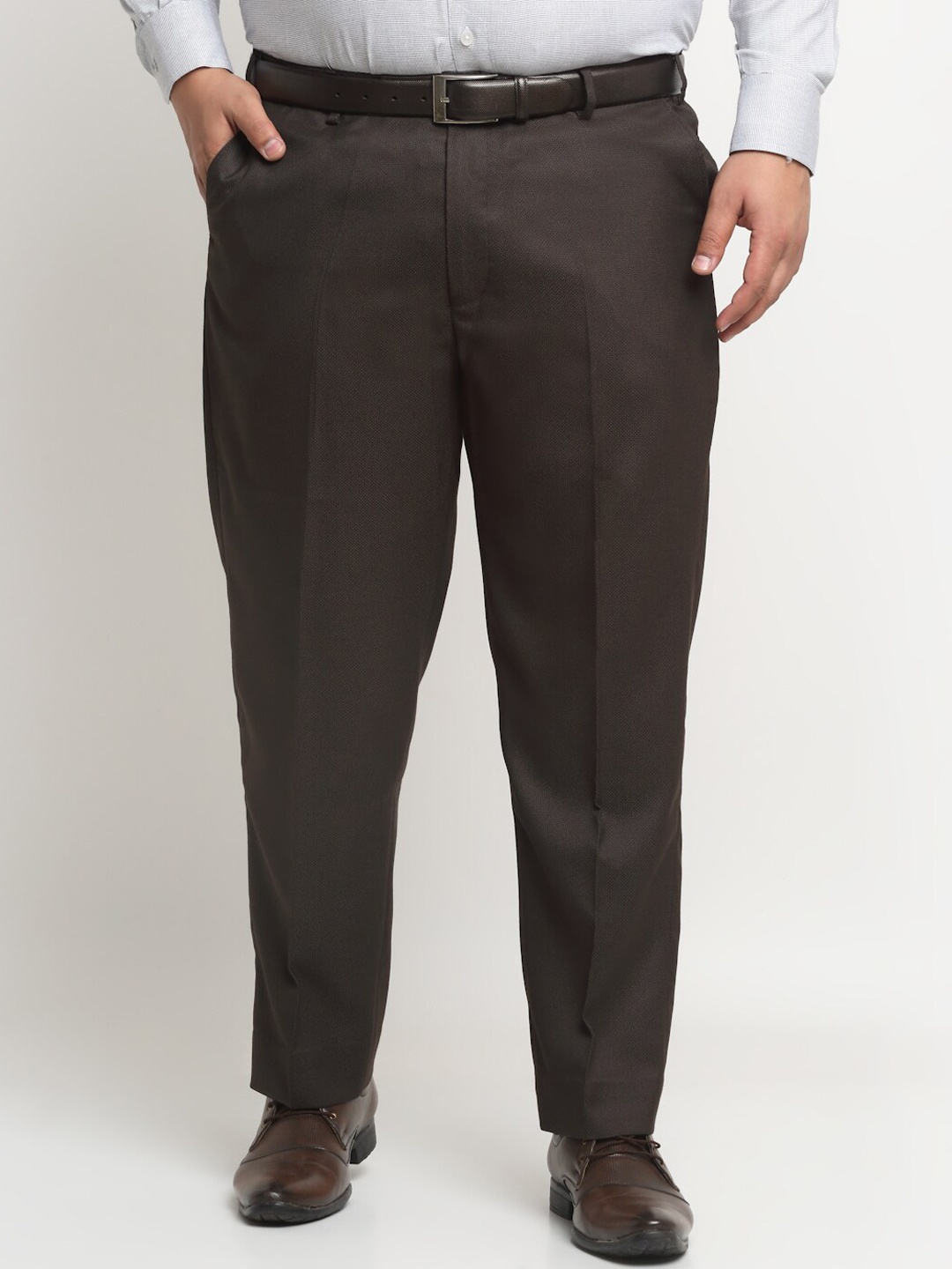 

plusS Men Brown Mid-Rise Cotton Formal Trousers