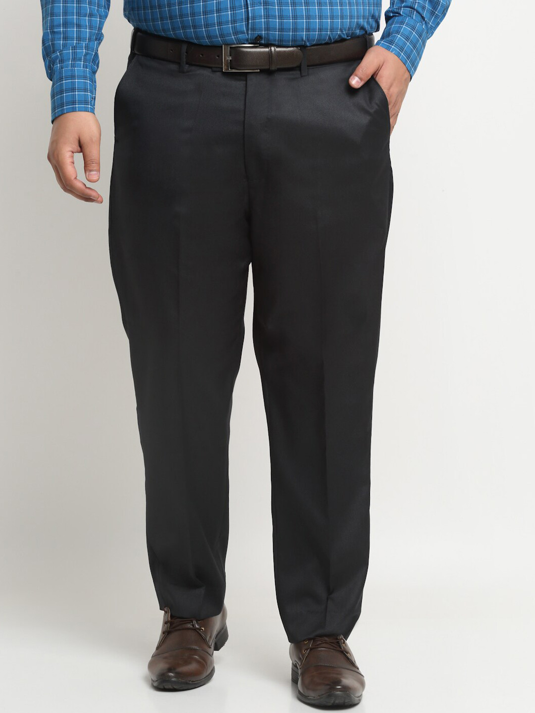 

plusS Men Black Mid-Rise Cotton Formal Trousers