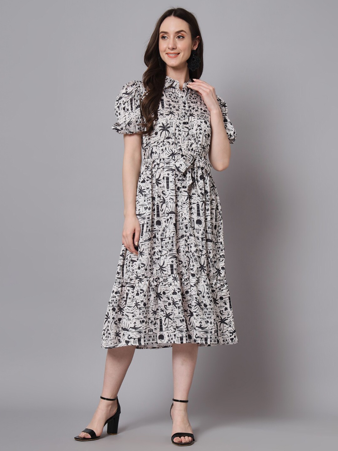 

The Dry State Shirt Collar Floral Print Fit & Flare Midi Dress, Off white