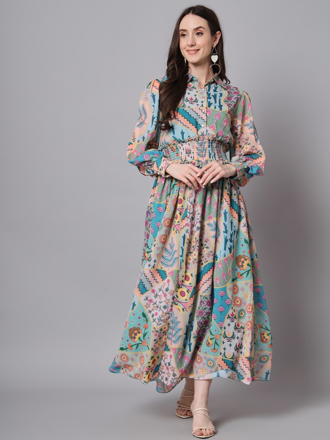 

The Dry State Multicoloured Floral Print Bell Sleeve Georgette Maxi Dress, Multi