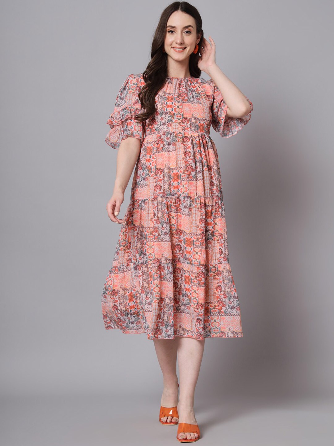 

The Dry State Floral Print Tie-Up Neck Bell Sleeve Georgette Empire Midi Dress, Peach