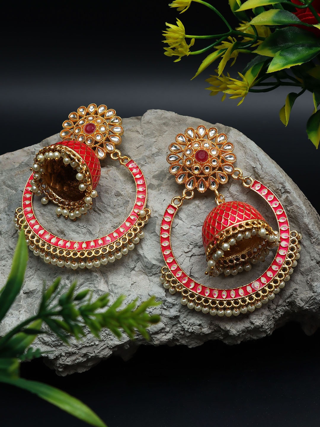 

Ozanoo Gold Plated Floral Jhumkas, Red