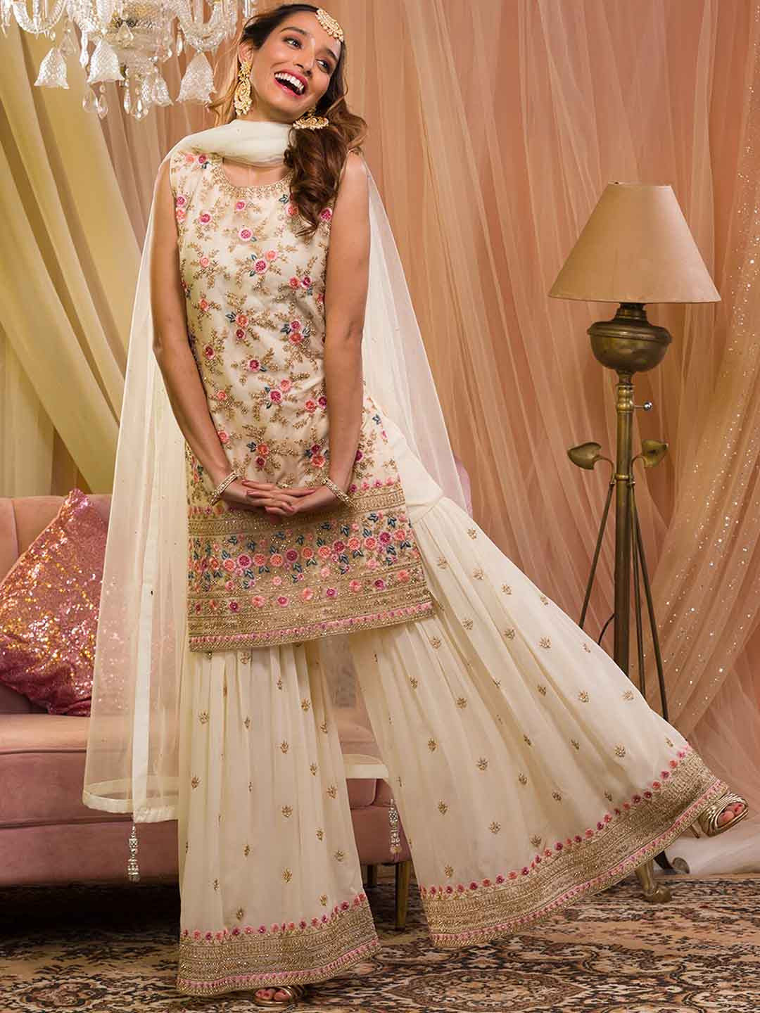 

Koskii Floral Embroidered Kurti With Sharara & Dupatta, Cream