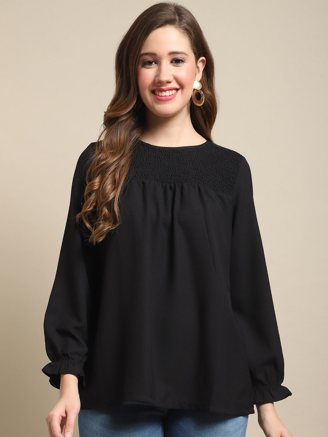 

Cantabil Smocked Puff Sleeve A-Line Top, Black