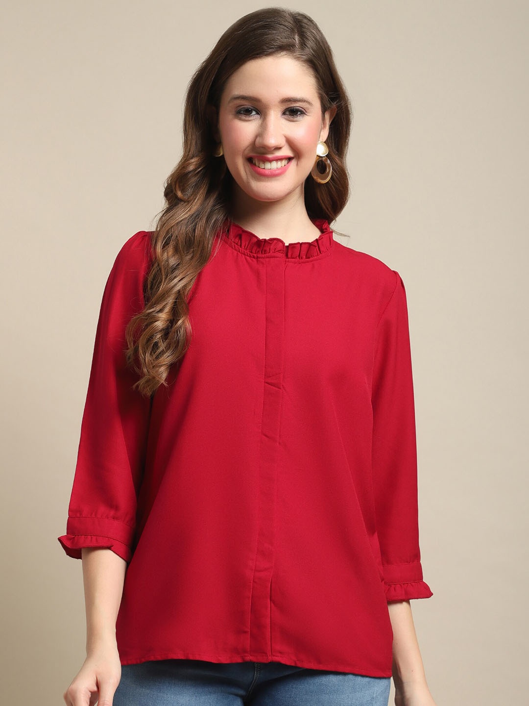 

Cantabil Cuffed Sleeves Ruffled Shirt Style Top, Red