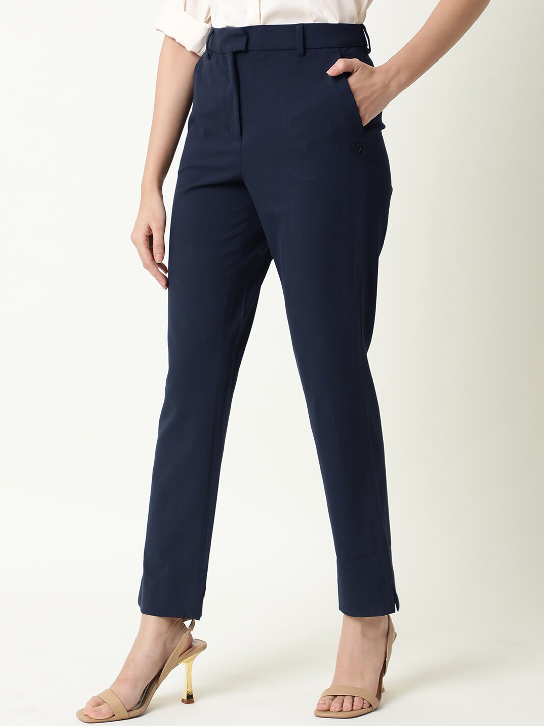 

RAREISM Women Slim Fit High-Rise Cotton Formal Trousers, Navy blue