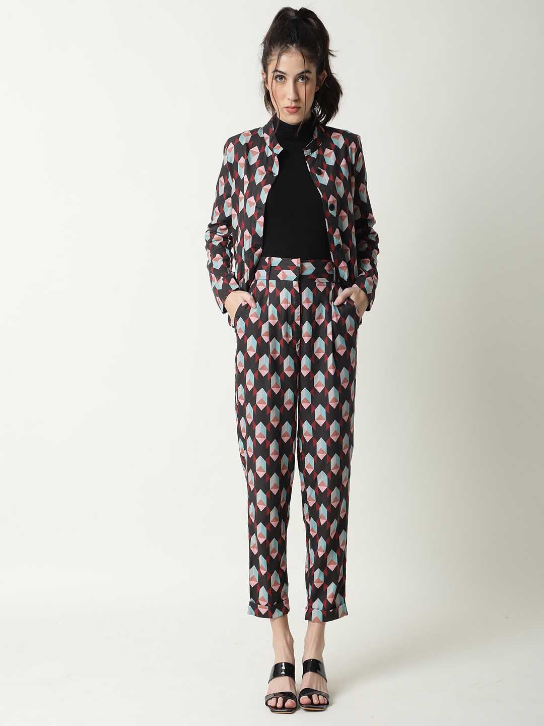 

RAREISM Women Geometric Printed Slim Fit High-Rise Cotton Trousers, Black