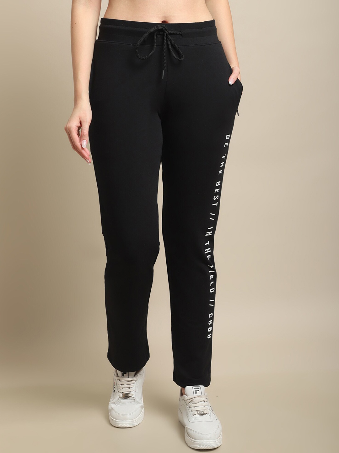 

Cantabil Women Typography Printed Cotton Track Pants, Black