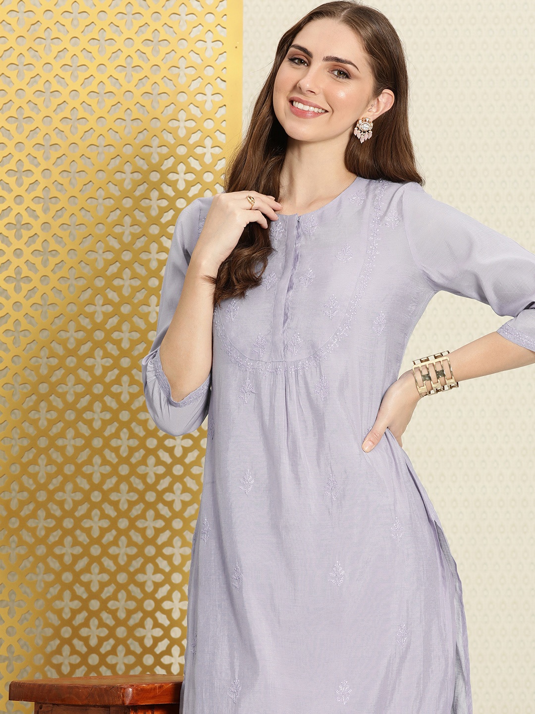 

House of Pataudi Chikankari Embroidered Pure Cotton Jashn Kurta with Trousers, Blue