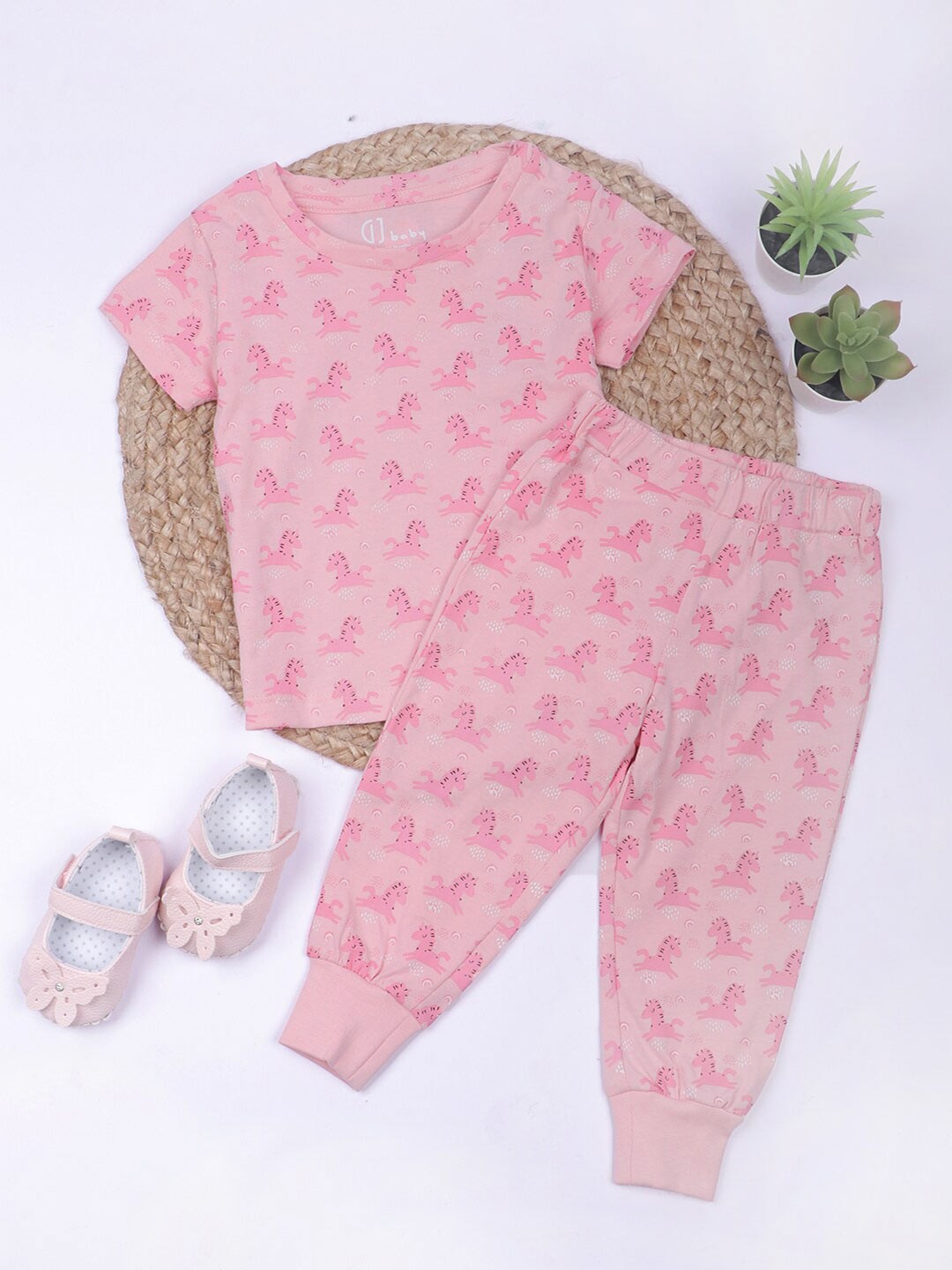 

GJ baby Girls Printed Pure Cotton Tunic with Trousers, Pink