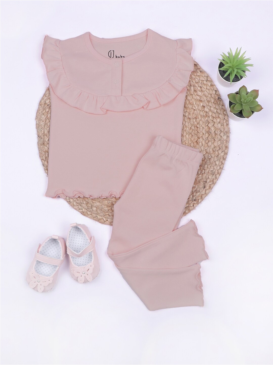GJ baby Girls Pure Cotton Top with Pyjamas, Pink