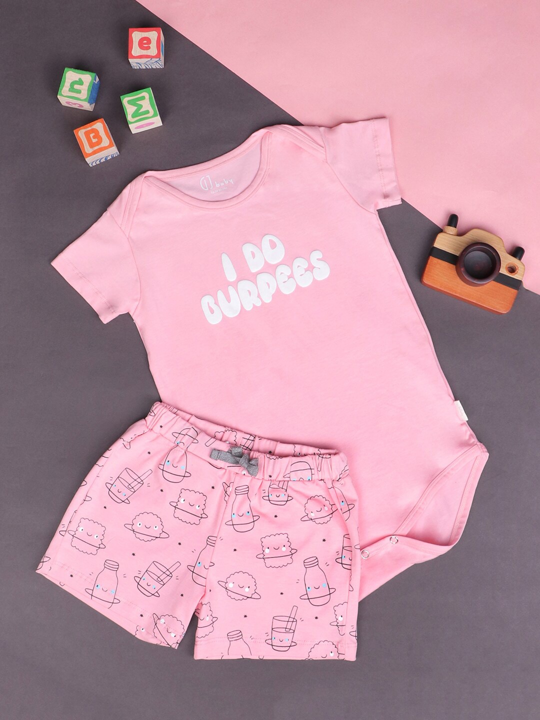 GJ baby Infants Girls Printed Pure Cotton Rompers with Shorts, Pink