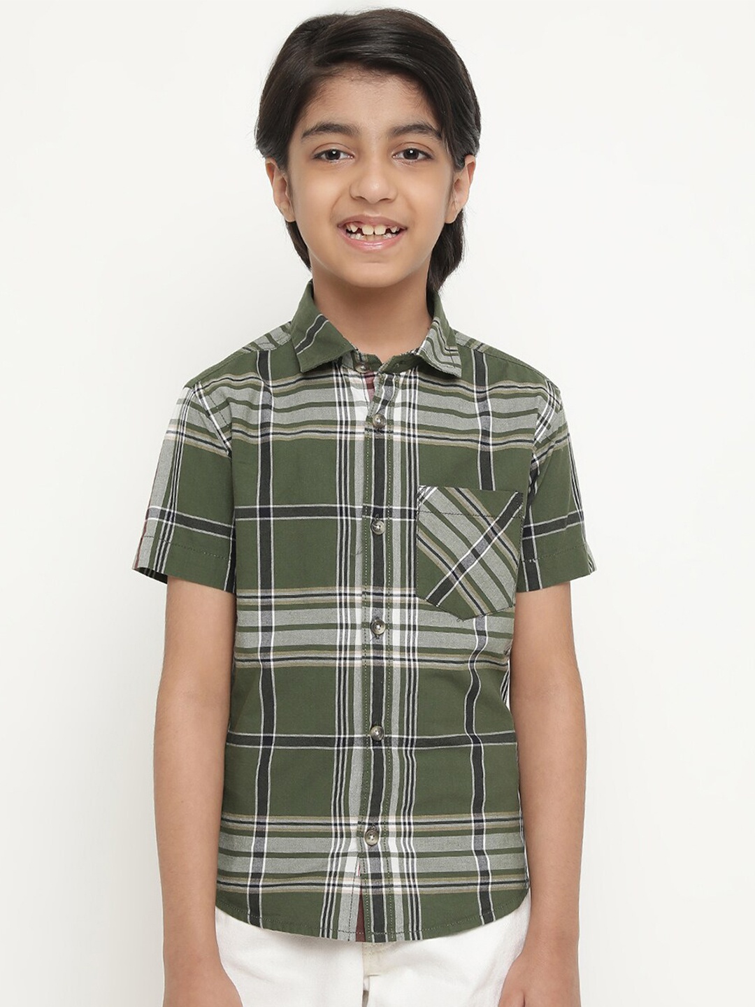 

Octave Boys Tartan Checked Cotton Casual Shirt, Olive