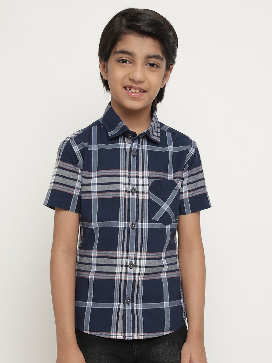 

Octave Boys Tartan Checked Cotton Casual Shirt, Navy blue