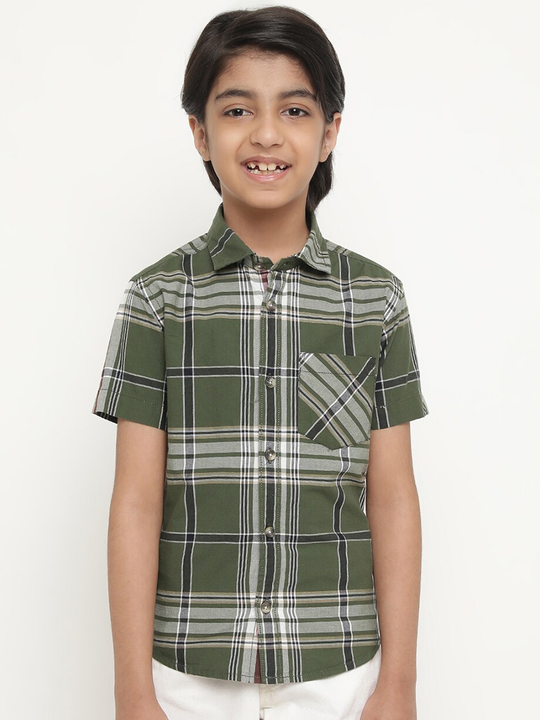 

Octave Boys Tartan Checked Cotton Casual Shirt, Olive