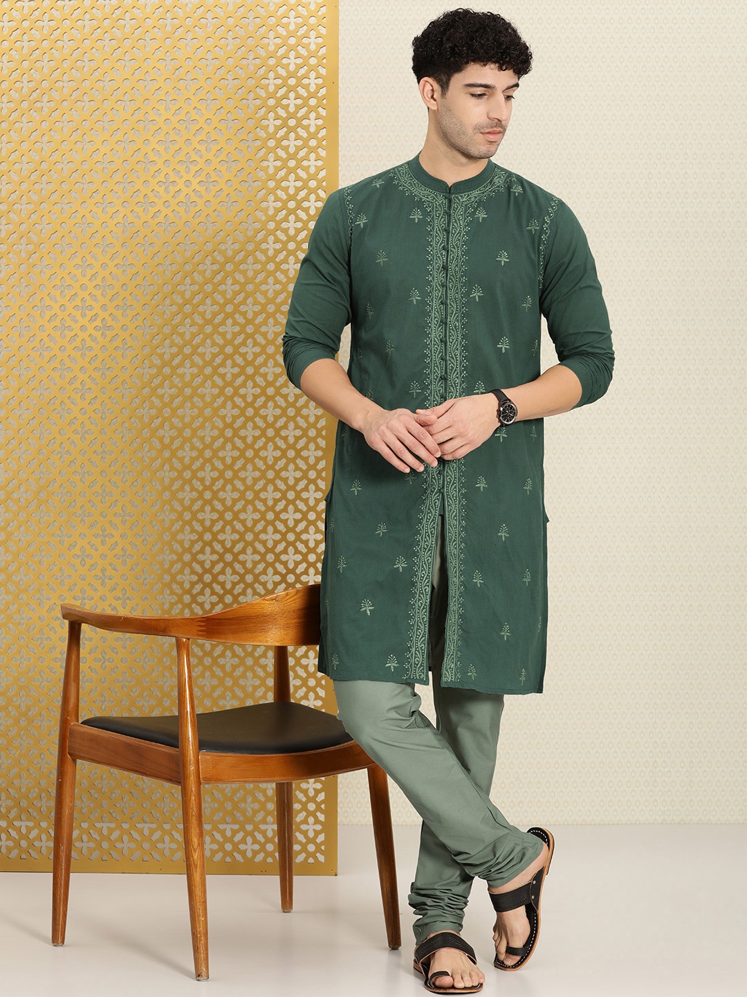 

Men Chikankari Embroidered Pure cotton Jashn Kurta with Churidar, Green