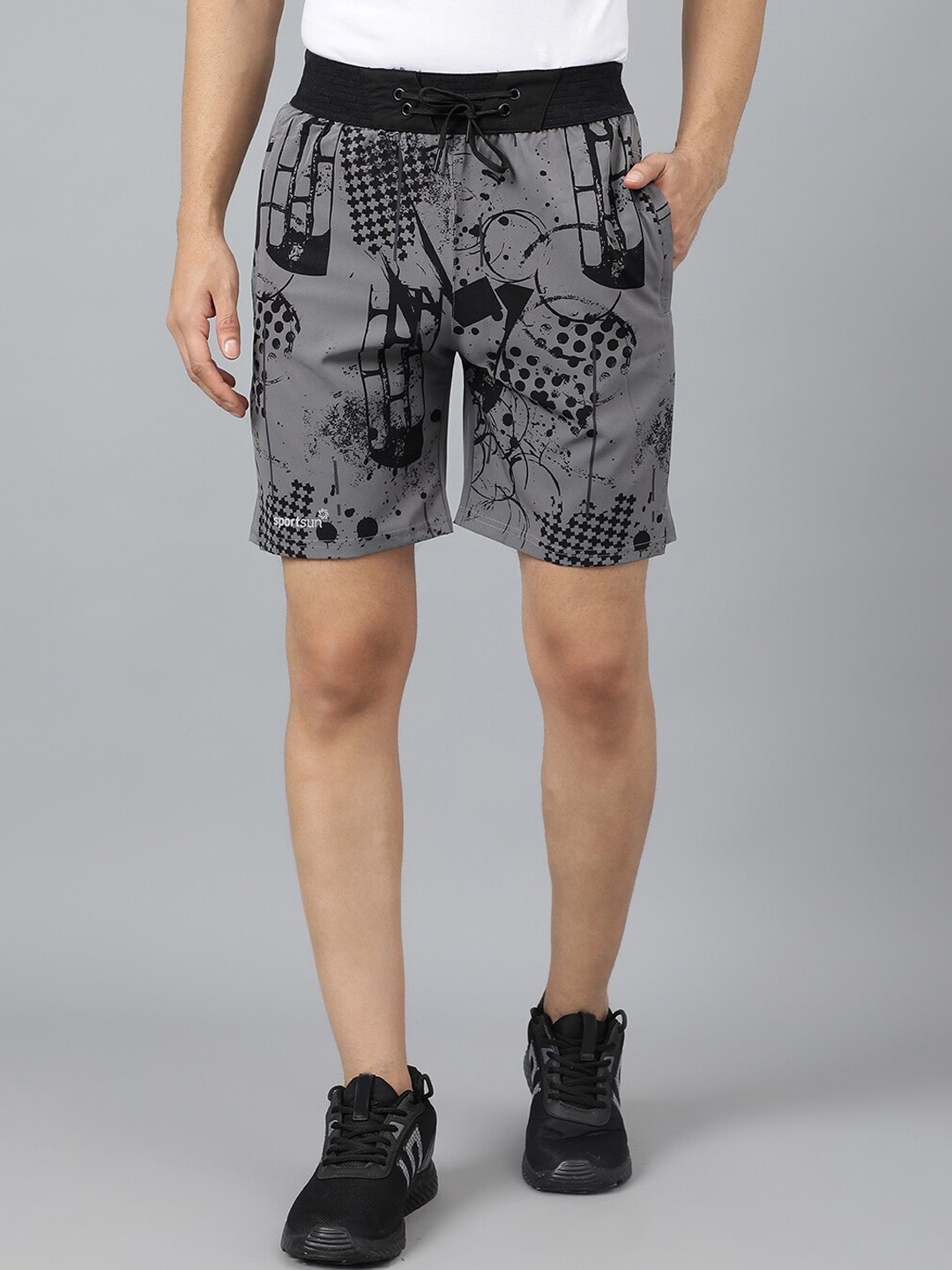 

SPORT SUN Men Mid-Rise Abstract Printed Knitted Sports Shorts, Grey