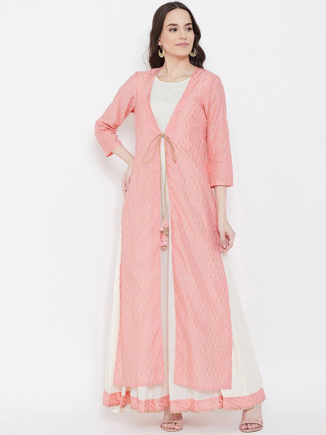 

Be Indi Printed Fit & Flared Cotton Maxi Dress With Jacket, Peach