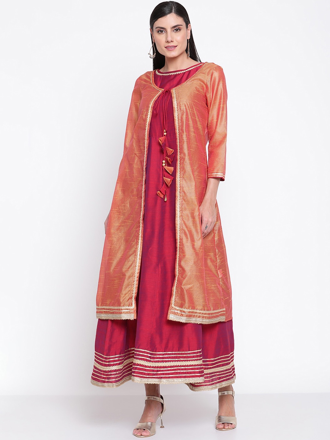 

Be Indi Silk Round Neck Gotta Patti Detailing Fuchsia Anarkali Dress with Striped Cape