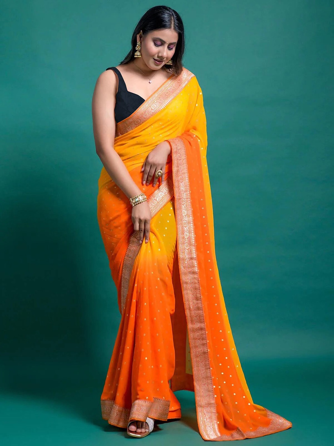 

VILLAGIUS Floral Woven Design Zari Pure Georgette Saree, Orange