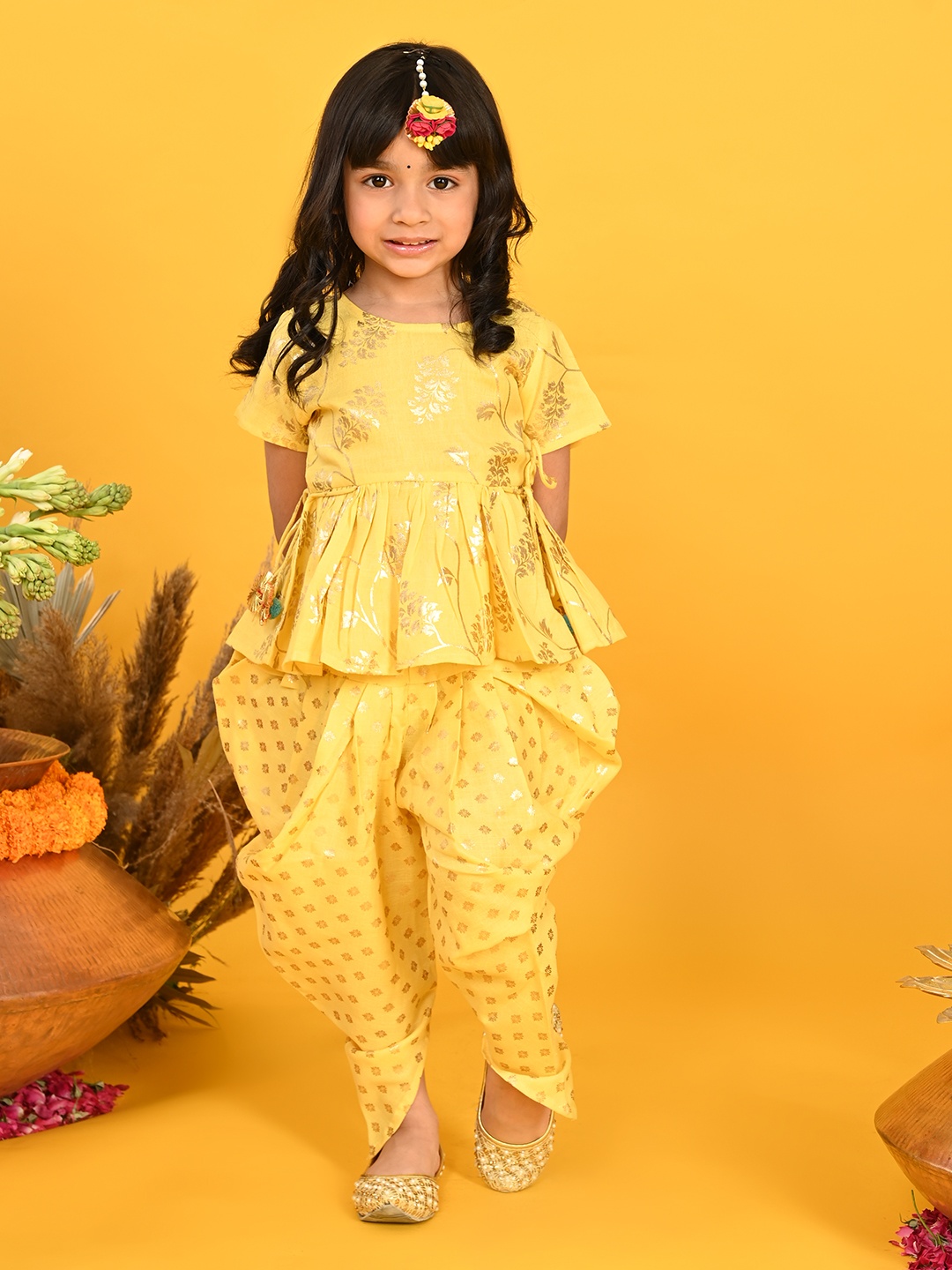 

SAKA DESIGNS Girls Floral Printed Empire Kurta with Dhoti Pants, Yellow