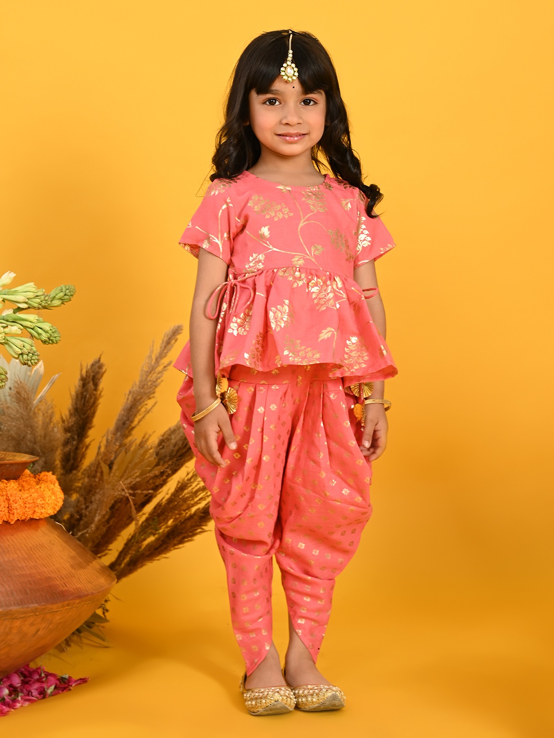 

SAKA DESIGNS Girls Floral Printed Regular Kurta with Dhoti Pants, Peach