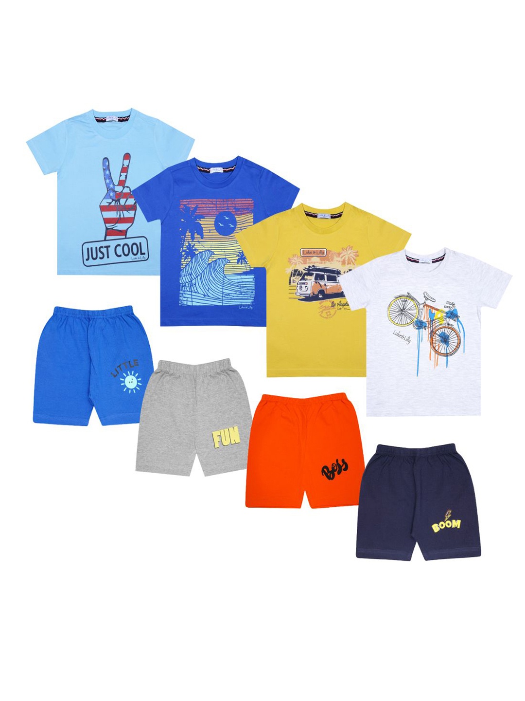 

Luke & Lilly Boys Pack Of 4 Printed Pure Cotton T-shirt With Shorts Set, Blue