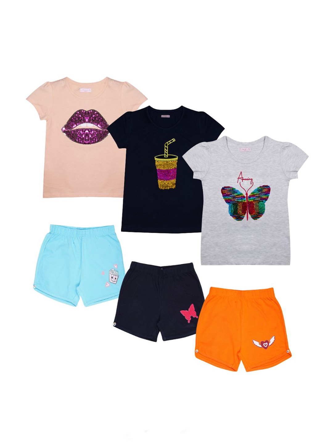 

Luke & Lilly Girls Pack Of 3 Printed Pure Cotton T-shirt With Shorts Set, Peach