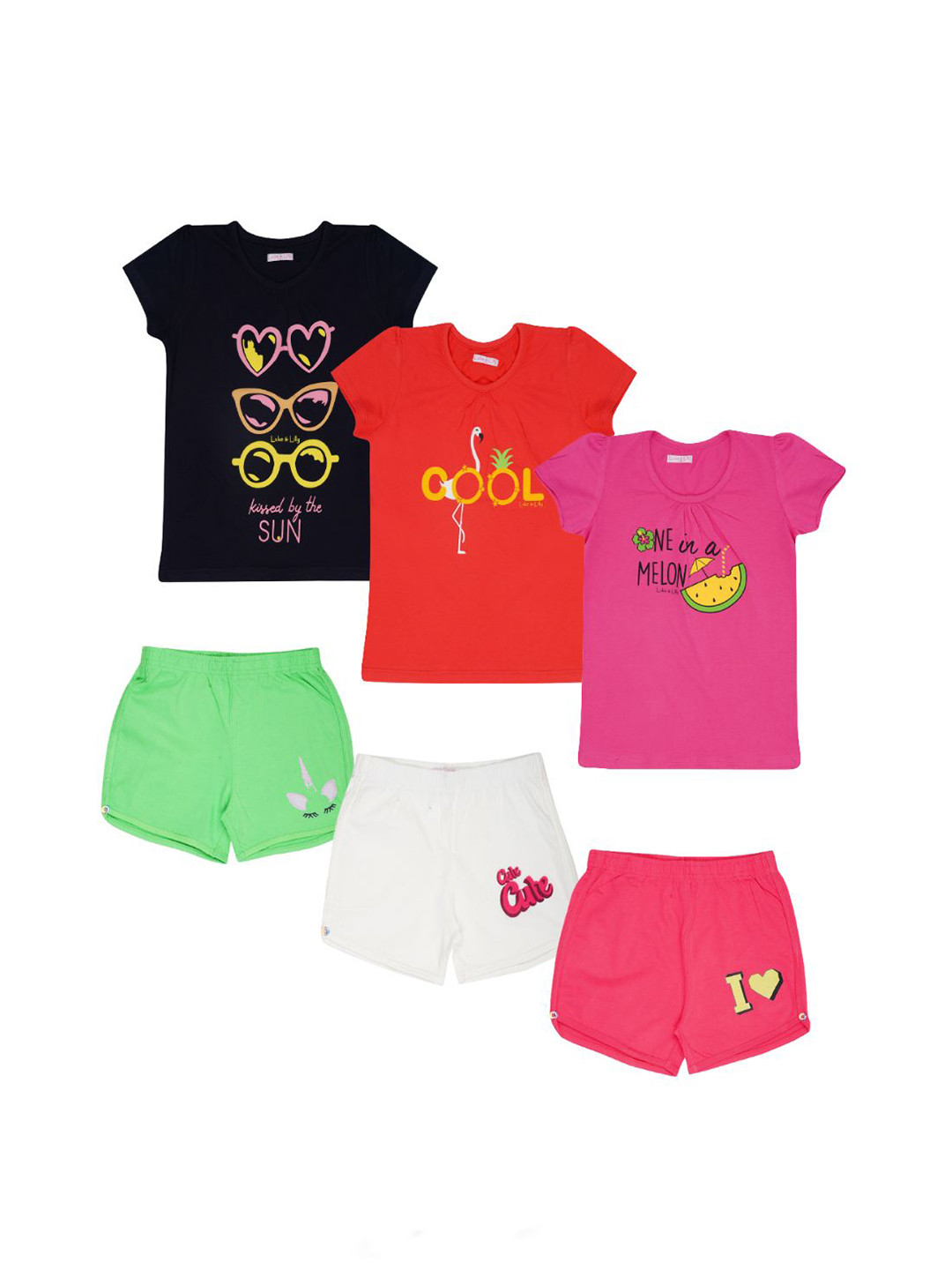 

Luke & Lilly Girls Pack Of 3 Printed Pure Cotton T-shirt with Shorts, Black