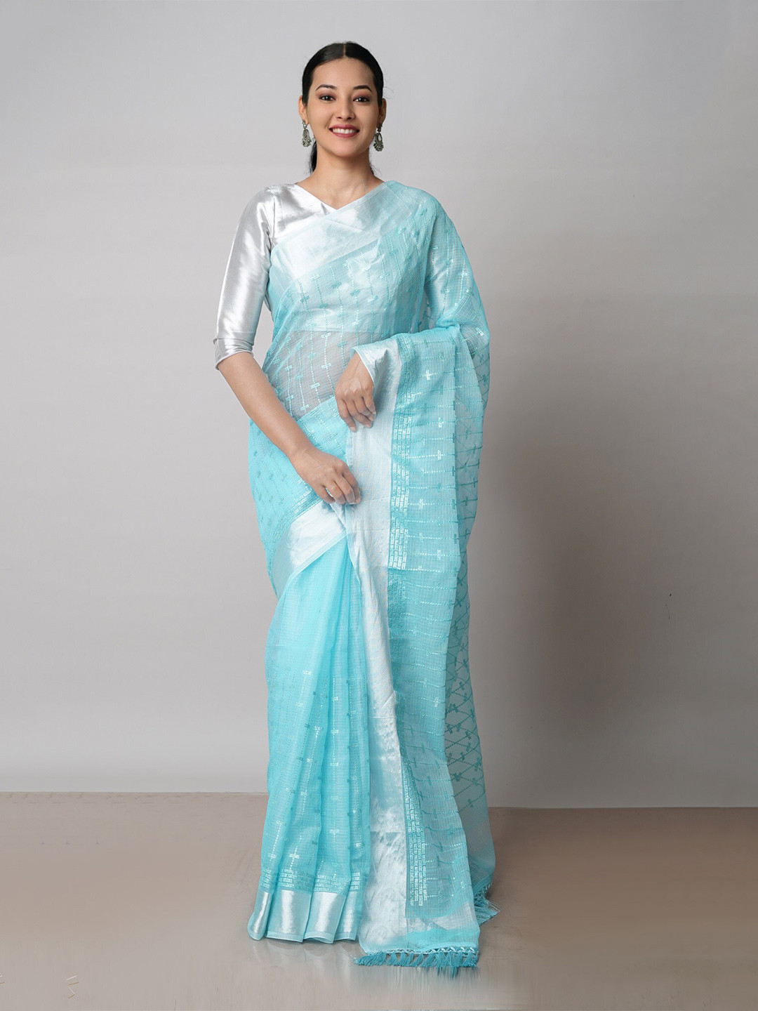 

Unnati Silks Striped Embroidered Pure Cotton Handloom Kota Saree, Blue