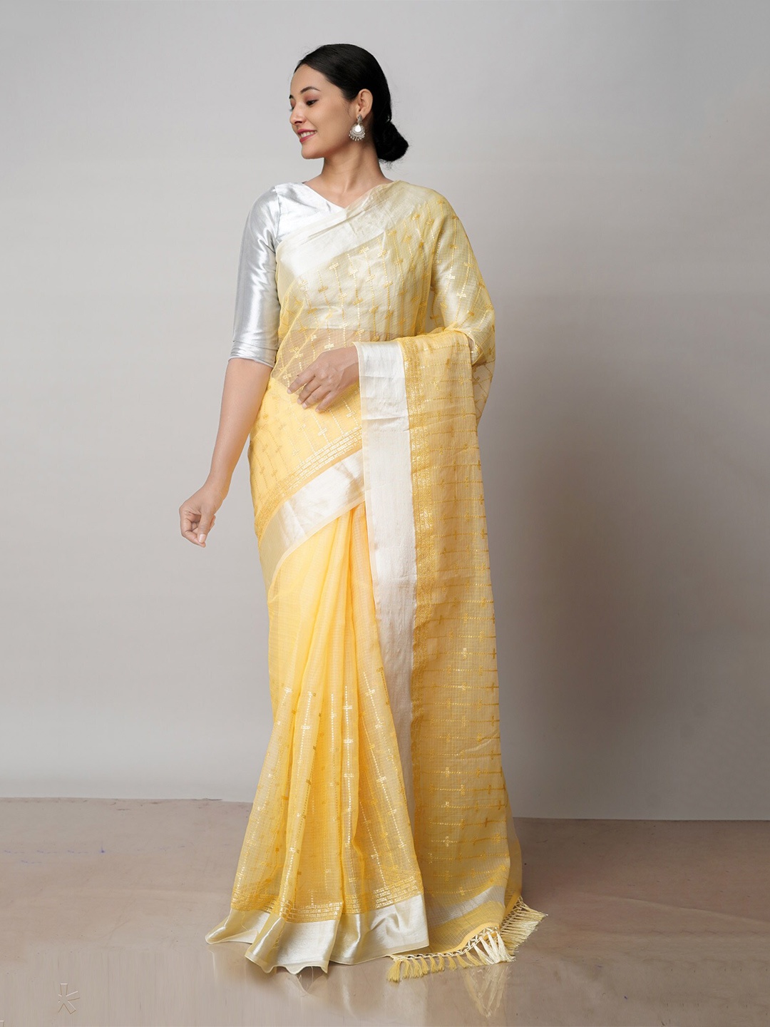 

Unnati Silks Striped Embroidered Zari Pure Cotton Handloom Kota Saree, Yellow