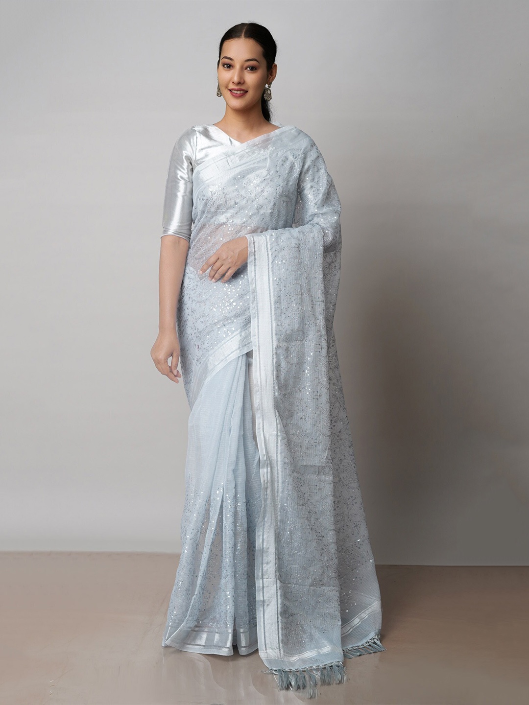 

Unnati Silks Ethnic Motifs Embroidered Zari Pure Cotton Handloom Kota Saree, Grey