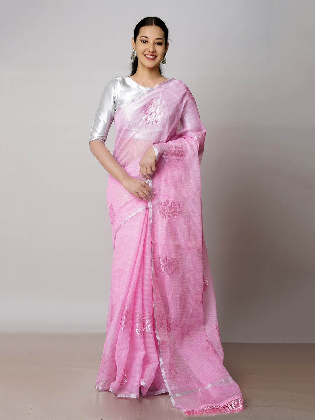 

Unnati Silks Floral Embroidered Zari Pure Cotton Handloom Kota Saree, Pink