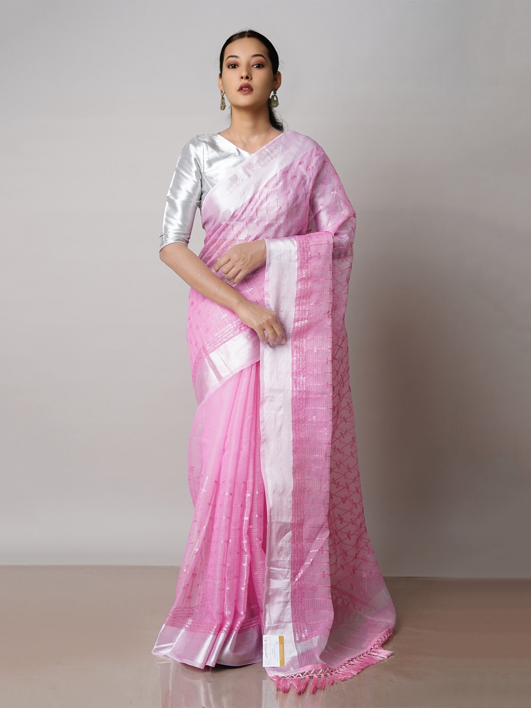 

Unnati Silks Striped Zari Pure Cotton Handloom Kota Saree, Pink