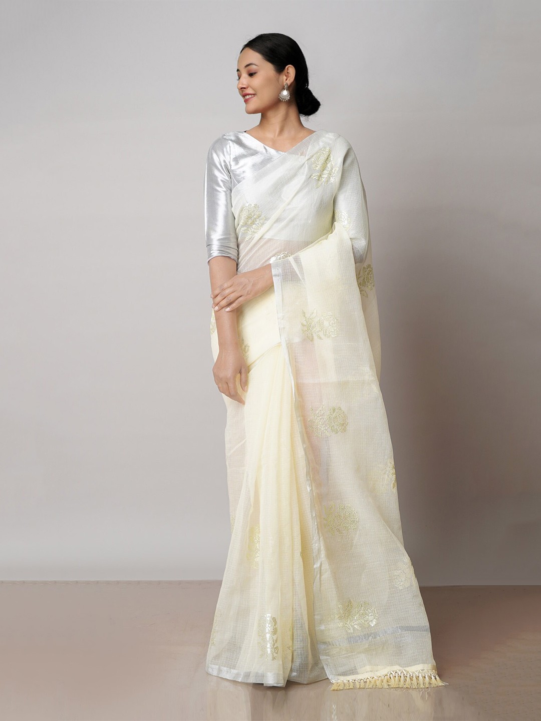 

Unnati Silks Floral Embroidered Zari Pure Cotton Handloom Kota Saree, Cream