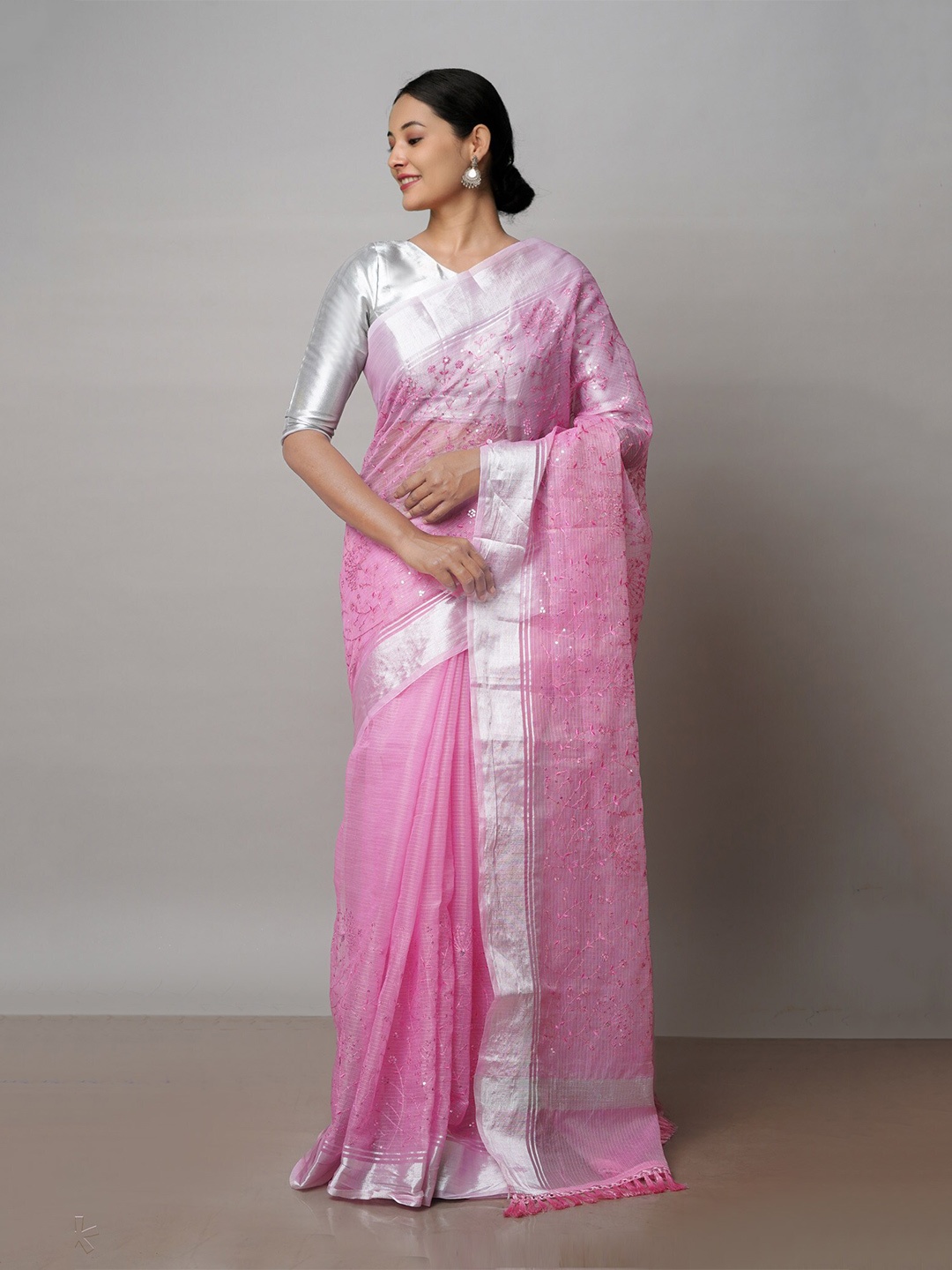 

Unnati Silks Floral Printed Zari Pure Cotton Handloom Kota Saree, Pink