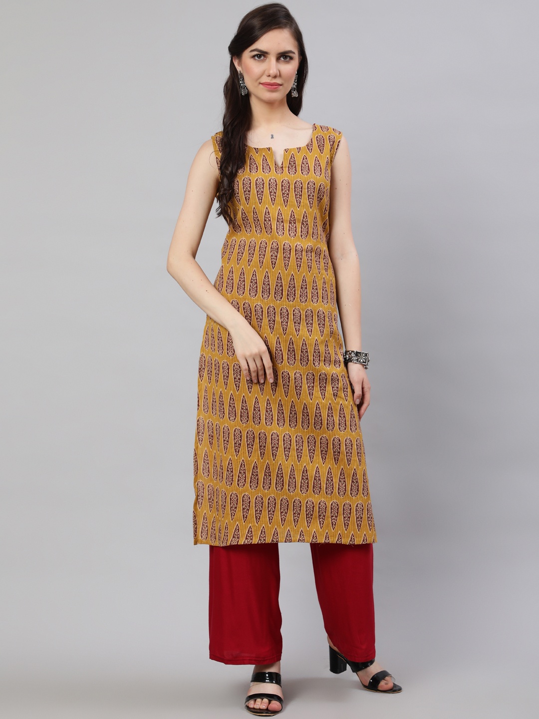 

Nayo Mustard Yellow & Maroon Ethnic Motifs Printed Sleeveless Cotton Kurta