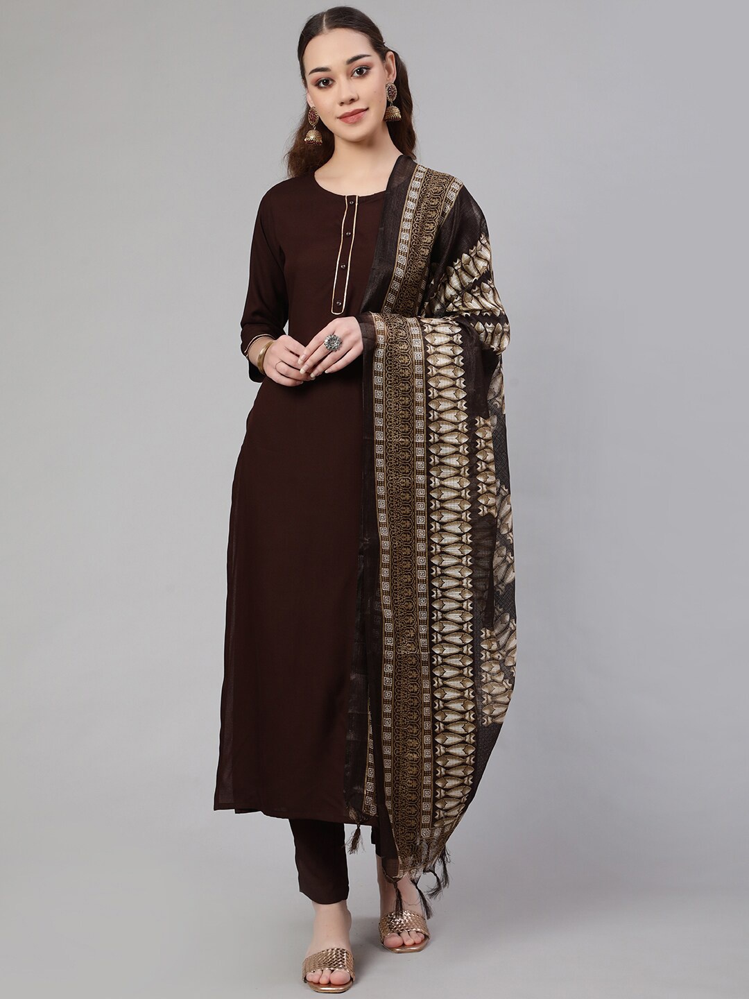 

Nayo Brown Regular Pure Cotton Kurta With Trousers & Dupatta
