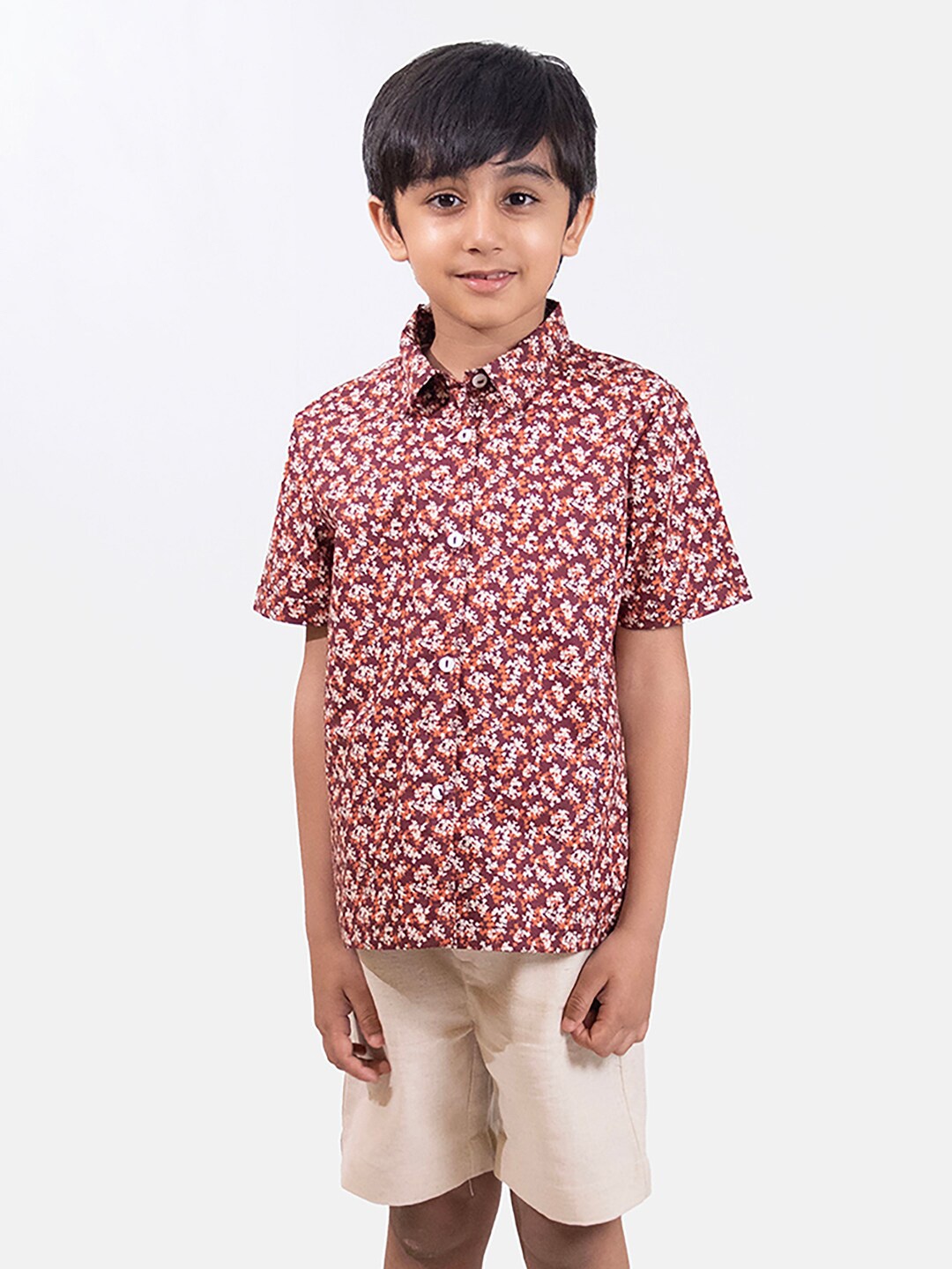 

Whistle & Hops Boys Floral Printed Pure Cotton Shirt with Shorts Clothing Set, Burgundy
