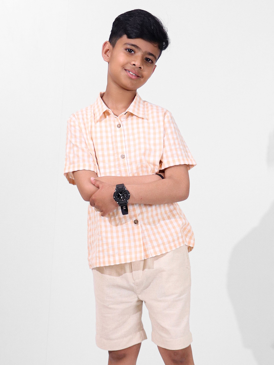 

Whistle & Hops Boys Checked Pure Cotton Shirt With Shorts, Orange