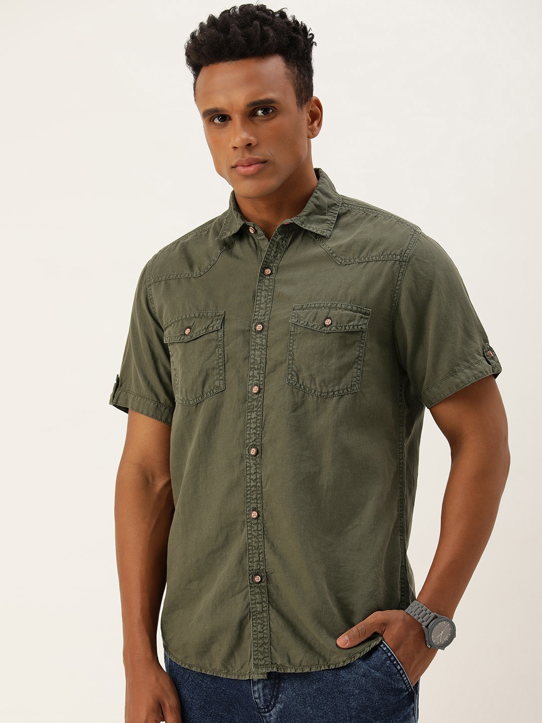 

Bene Kleed Regular Fit Band Collar Cotton Linen Casual Shirt, Olive