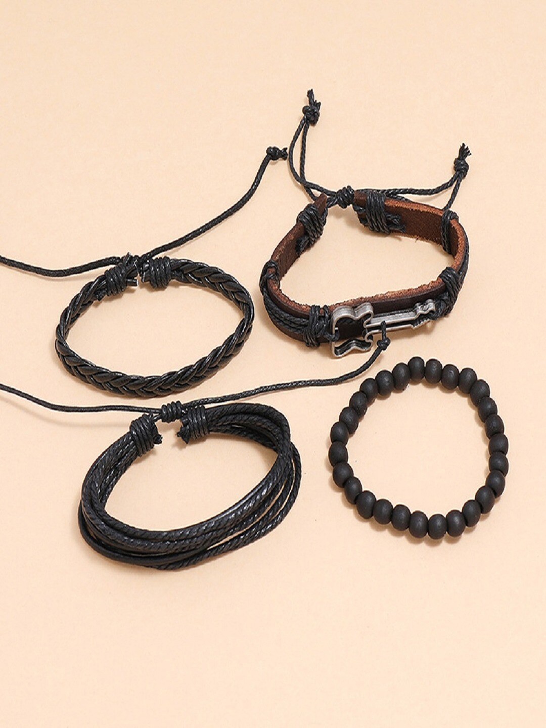 

UNIVERSITY TRENDZ Men Set of 4 Beaded Leather Multistrand Bracelets, Silver