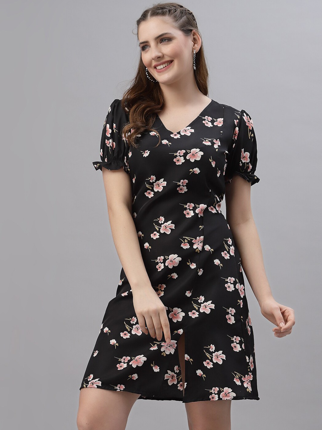 

Oomph! Floral Printed Puff Sleeves Fit & Flare Dress, Black