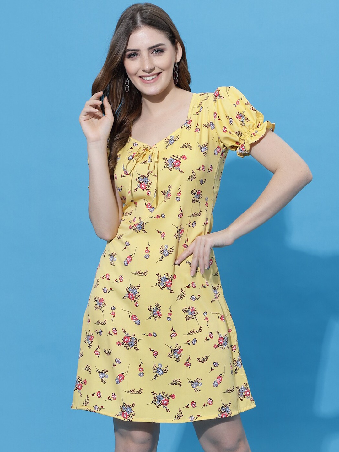 

Oomph! Floral Printed Puff Sleeves Fit & Flare Dress, Yellow