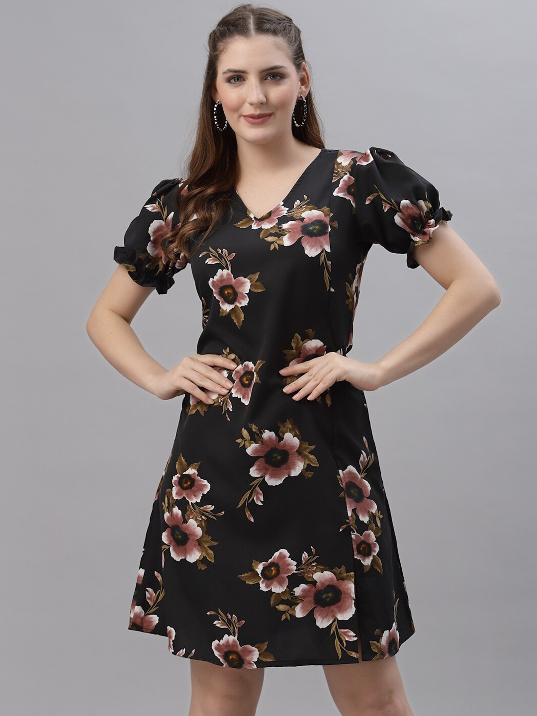 

Oomph! Floral Printed Puff Sleeves Fit & Flare Dress, Black