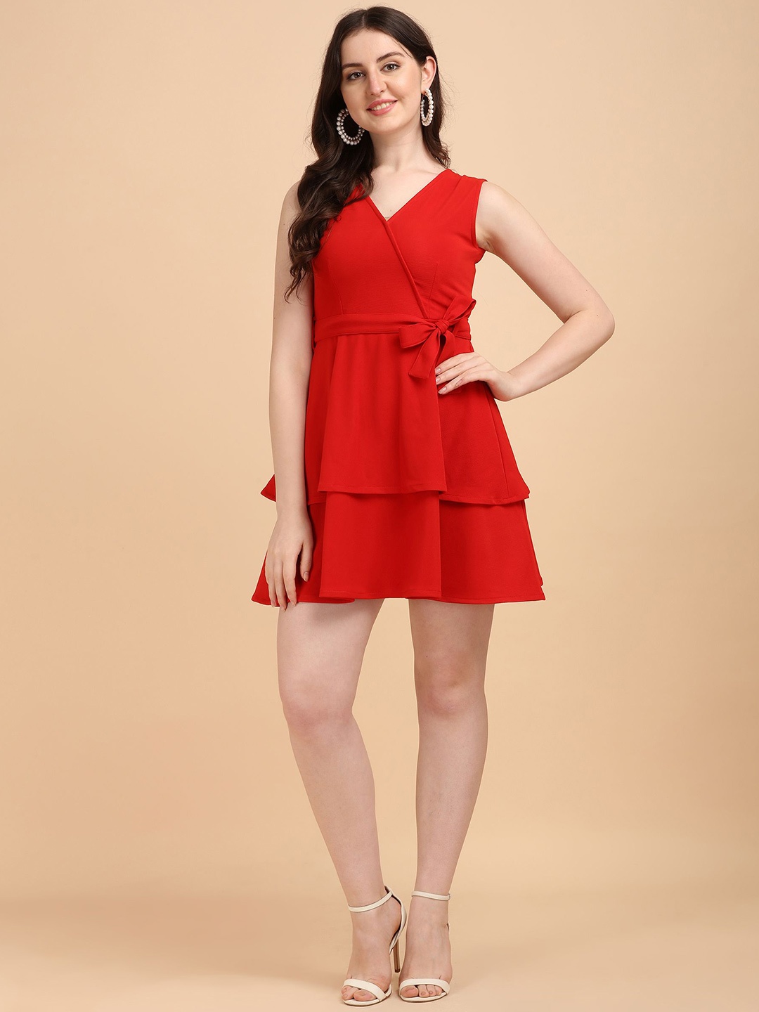 

Oomph! V-Neck Layered Fit & Flare Mini Dress With Belt, Red